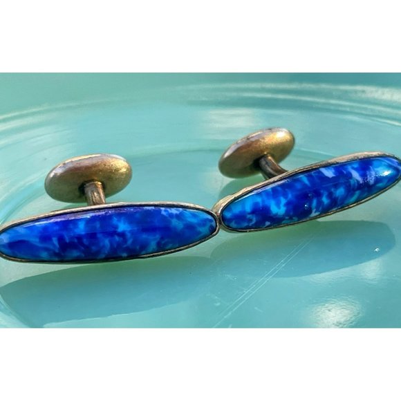 Antique Gold Filled Cufflinks Blue white Lapis style Glass - Picture 6 of 9